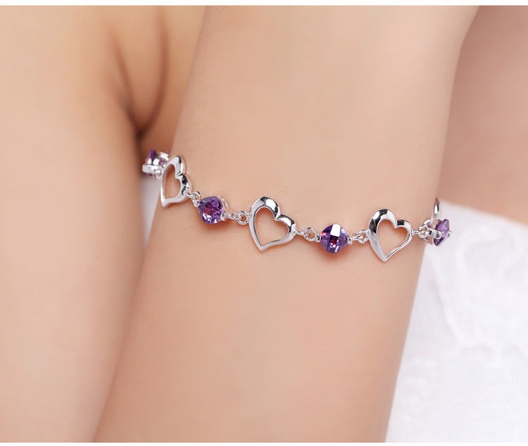 Silver Purple Rhinestone Heart Bracelet - Uniqua Treasures