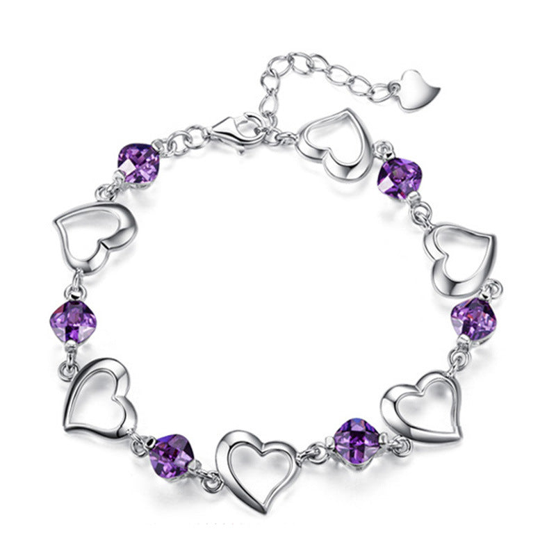 Silver Purple Rhinestone Heart Bracelet - Uniqua Treasures