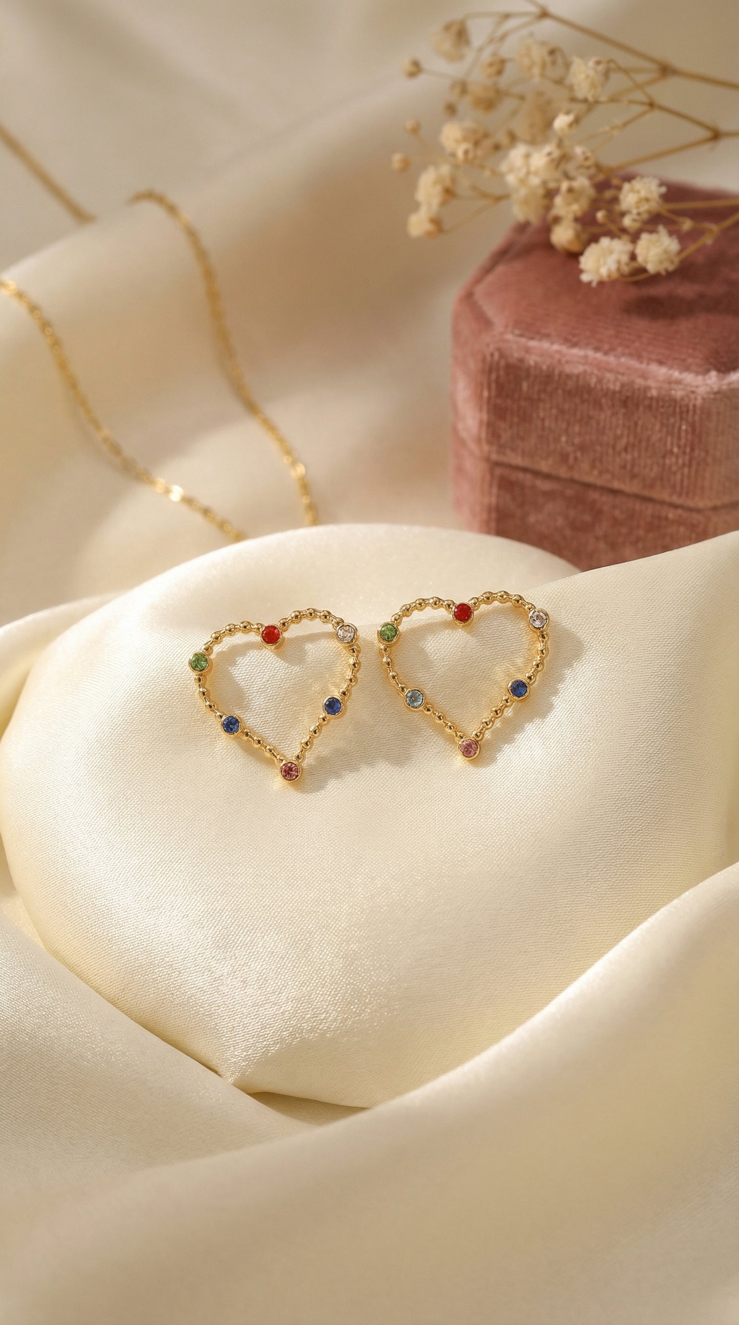 Gold Heart Multi Color Rhinestone Stud Earrings