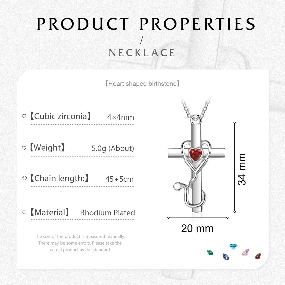 Stethoscope Heart Birthstone Cross Necklace