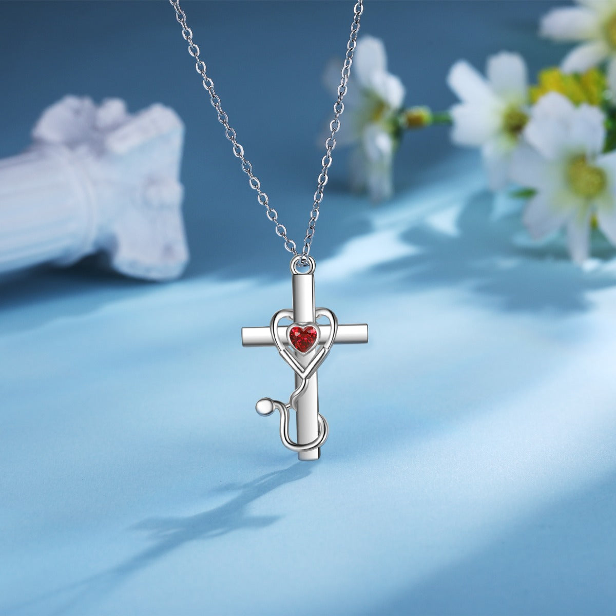 Stethoscope Heart Birthstone Cross Necklace