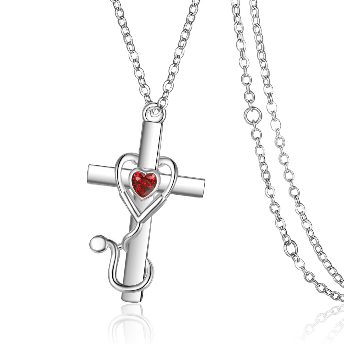 Stethoscope Heart Birthstone Cross Necklace