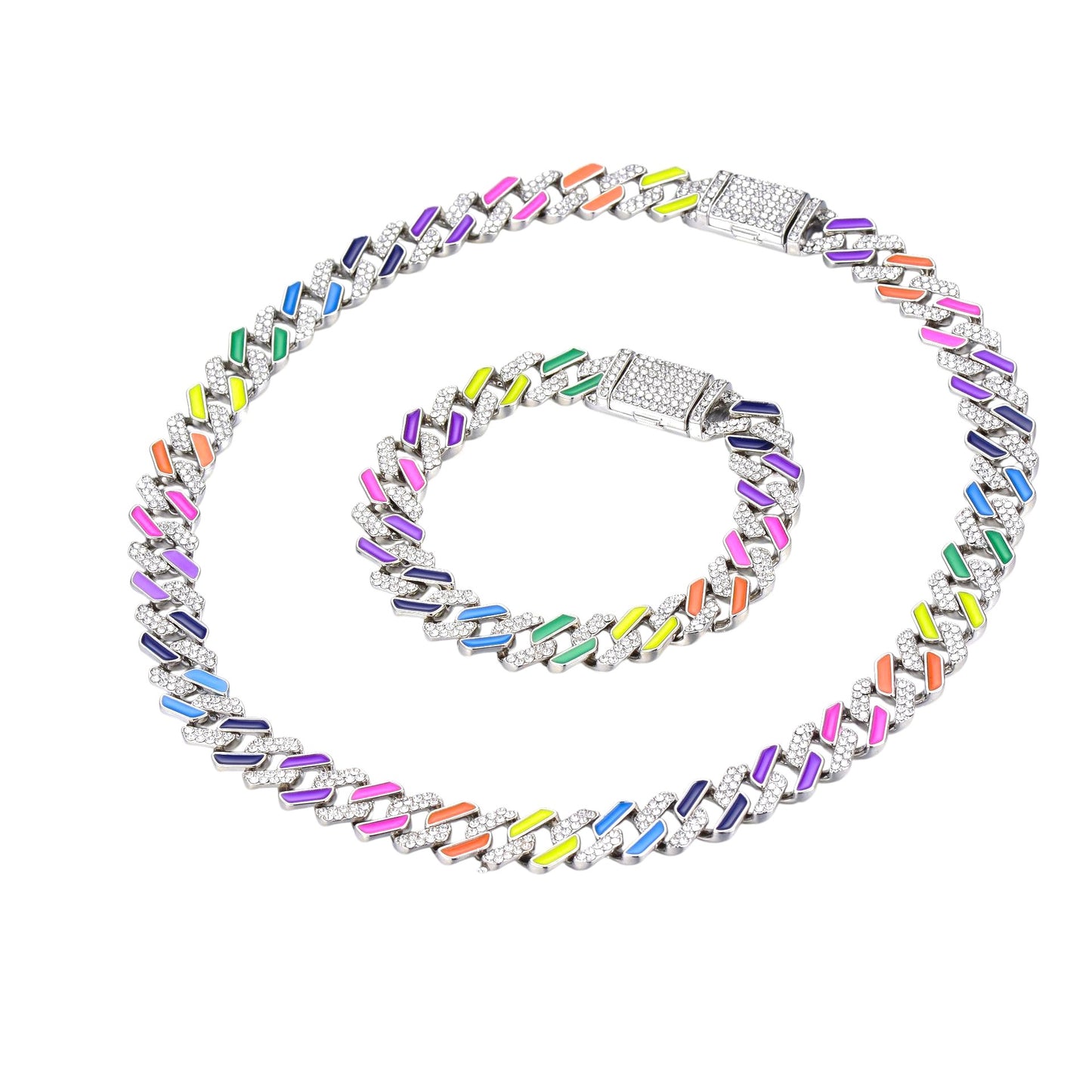 Rainbow Cuban Link Chain Bracelet and Necklace Unisex