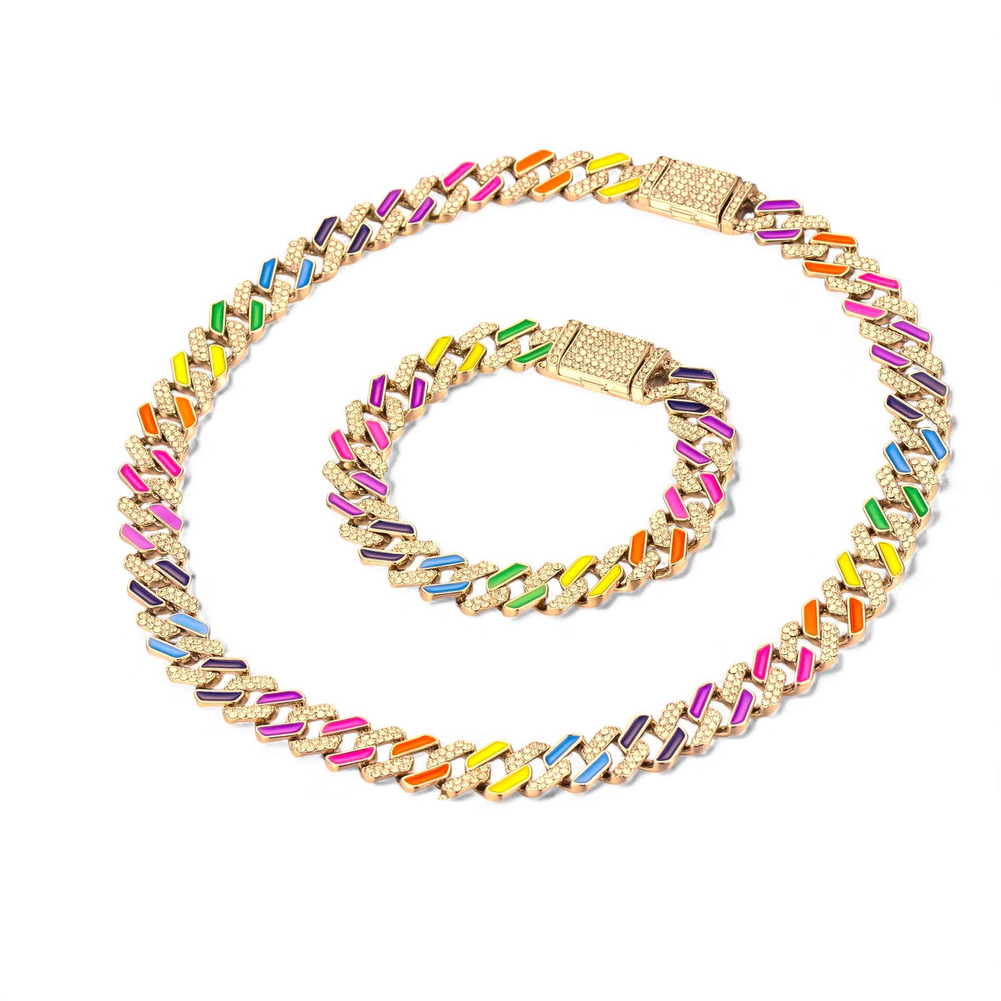 Rainbow Cuban Link Chain Bracelet and Necklace Unisex