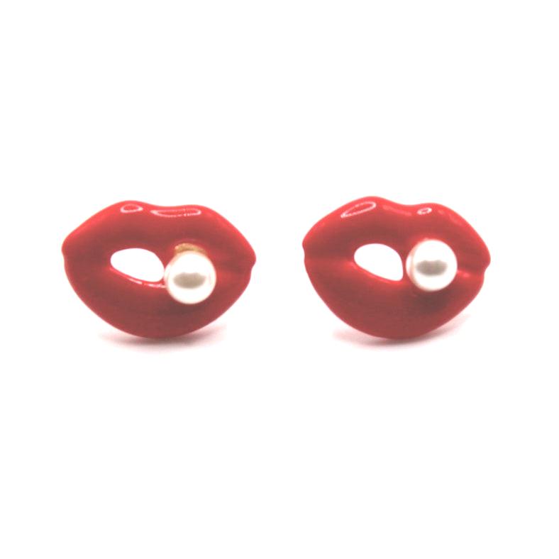 Red Lips with Pearl Stud Earrings - Uniqua Treasures