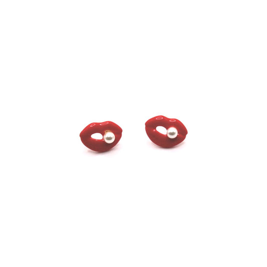 Red Lips with Pearl Stud Earrings - Uniqua Treasures