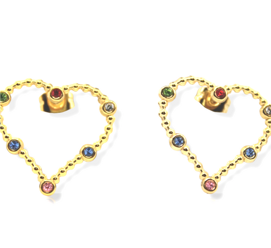 Gold Heart Multi Color Rhinestone Stud Earrings - Uniqua Treasures